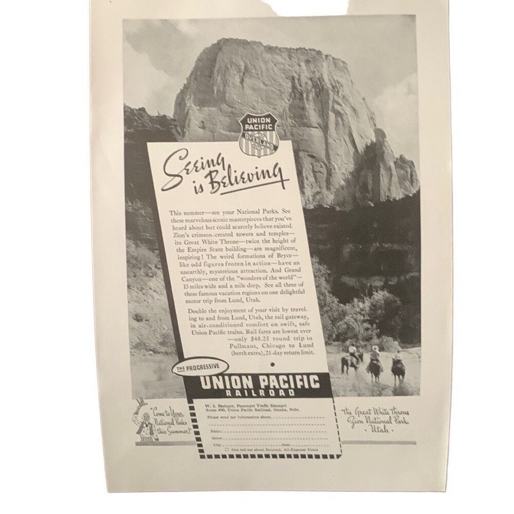 Vintage 1937 Union Pacific Seeing is Believing Ad Advertisement